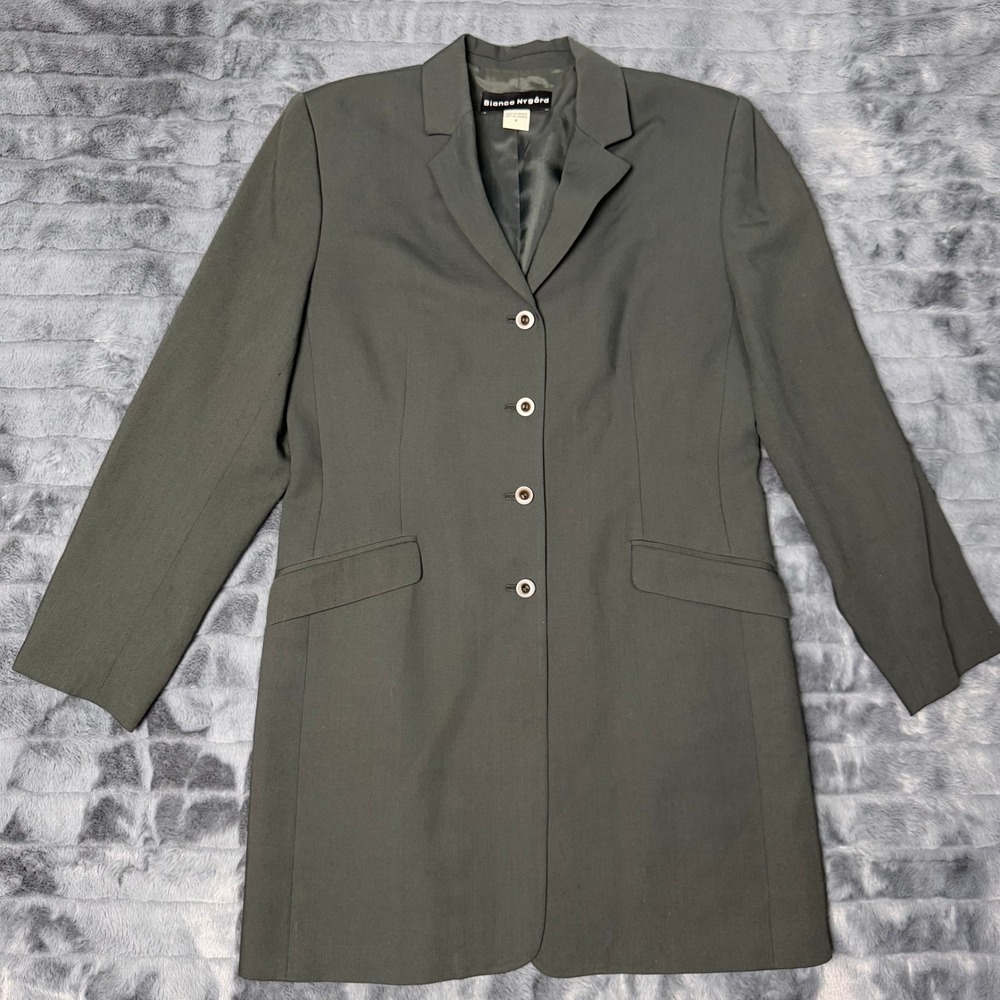 Bianca Nygard Blazer Women 6 Charcoal Grey Wool Blend Longline 4-Button Jacket